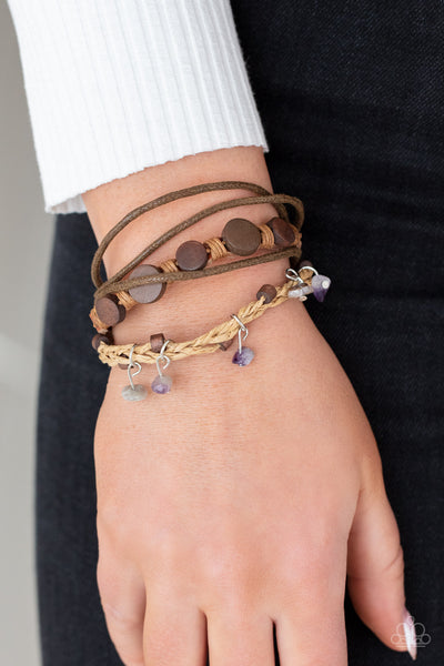 Run The Rapids - Paparazzi - Purple Stone Brown Leather and Wood Bead Sliding Knot Bracelet