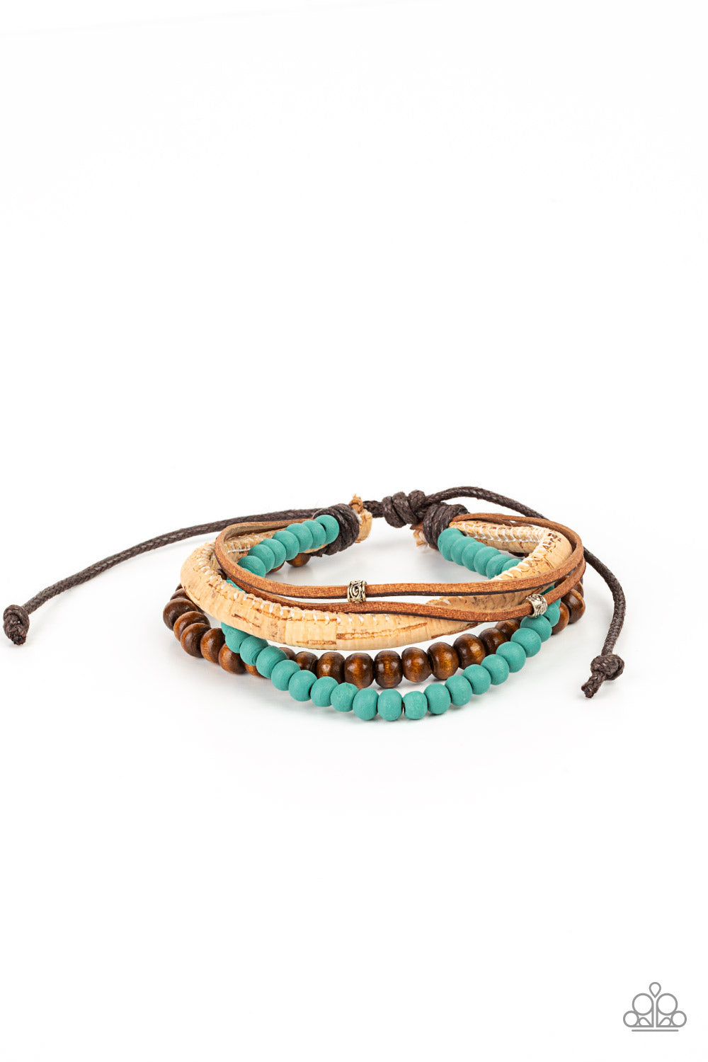 STACK To Basics - Paparazzi - Blue Turquoise Wood Bead Cork and Leather Sliding Knot Bracelet