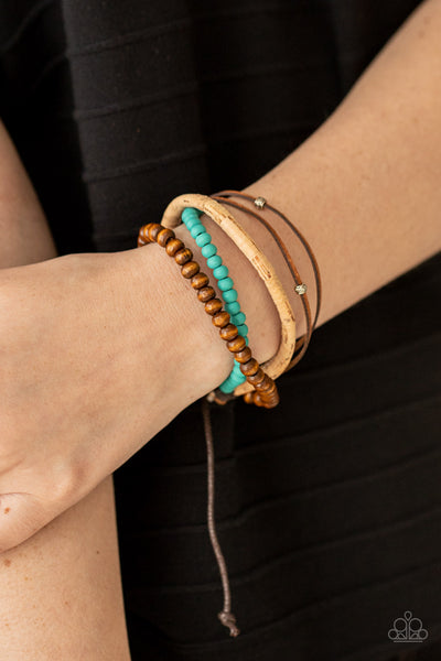 STACK To Basics - Paparazzi - Blue Turquoise Wood Bead Cork and Leather Sliding Knot Bracelet