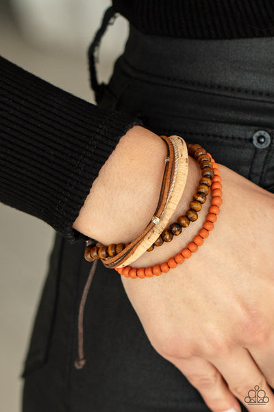 STACK To Basics - Paparazzi - Orange Wood Bead Cork and Leather Sliding Knot Bracelet