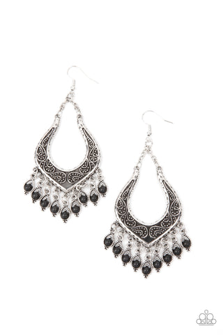 Sahara Fiesta - Paparazzi - Black Stone Bead Fringe Silver Studded Frame Earrings