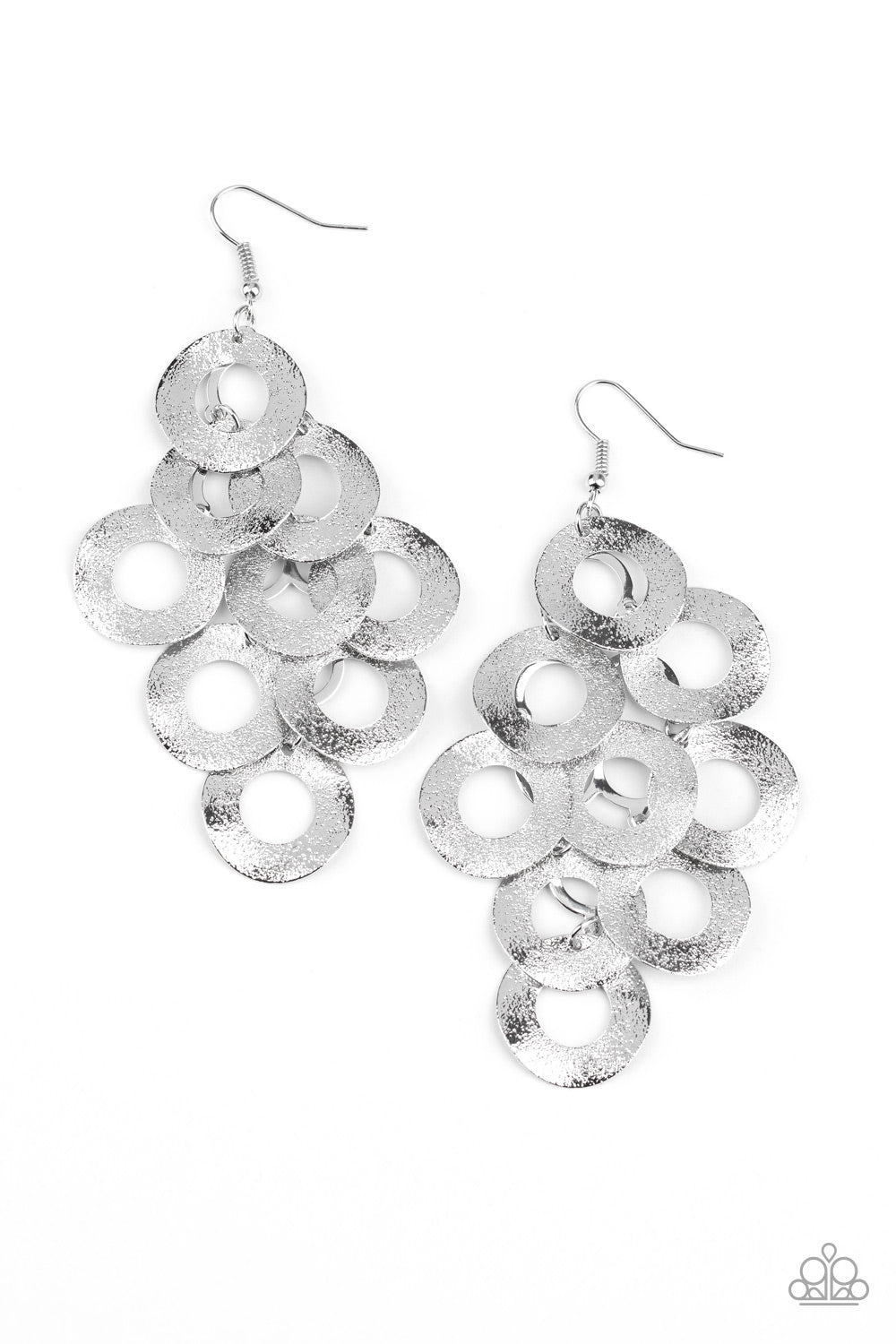 Scattered Shimmer - Paparazzi - Silver Hammered Circle Chandelier Earrings