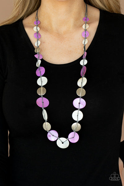 Seashore Spa - Paparazzi - Purple Shell Silver Hammered Disc Necklace