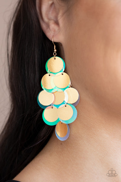 Sequin Seeker - Paparazzi - Gold and Iridescent Circle Sequin Earrings