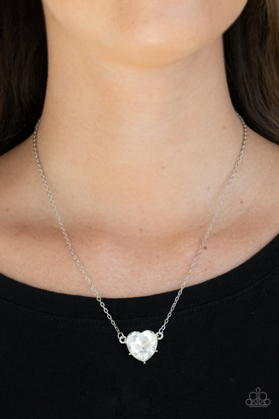 She Works HEART For The Money - Paparazzi - White Rhinestone Heart Pendant Necklace