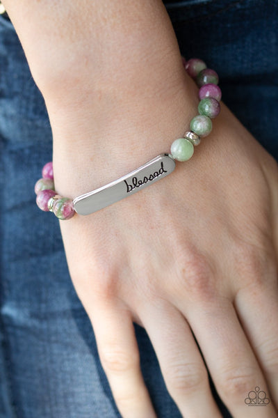 Simply Blessed - Paparazzi - Purple and Green Stone Bead Silver Affirmation Stretch Bracelet