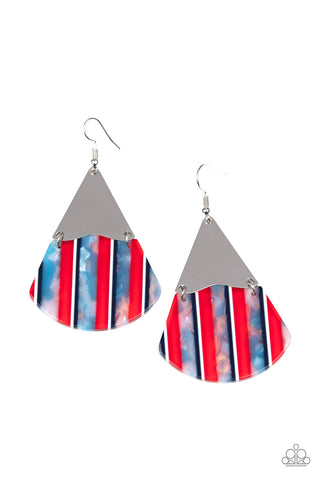 Social Animal - Paparazzi - Red, White, and Blue Stripe Acrylic Silver Triangle Earrings