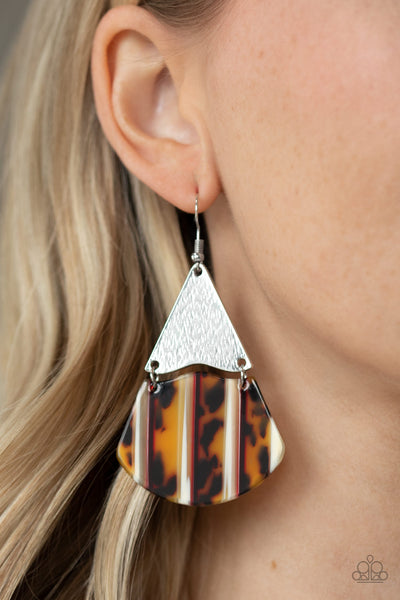 Social Animal - Paparazzi - Yellow and Brown Striped Tortoise Acrylic Silver Triangle Earrings