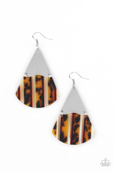 Social Animal - Paparazzi - Yellow and Brown Striped Tortoise Acrylic Silver Triangle Earrings