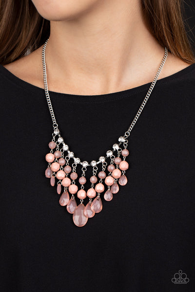 Social Network - Paparazzi - Pink Rose Tan Bead Silver Layered Fringe Necklace