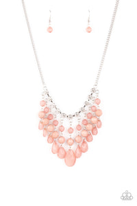 Social Network - Paparazzi - Pink Rose Tan Bead Silver Layered Fringe Necklace