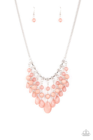 Social Network - Paparazzi - Pink Rose Tan Bead Silver Layered Fringe Necklace