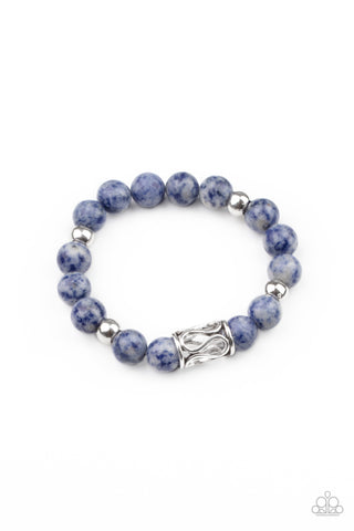 Soothes The Soul - Paparazzi - Blue Marbled Stone Silver Accent Bead Stretchy Bracelet