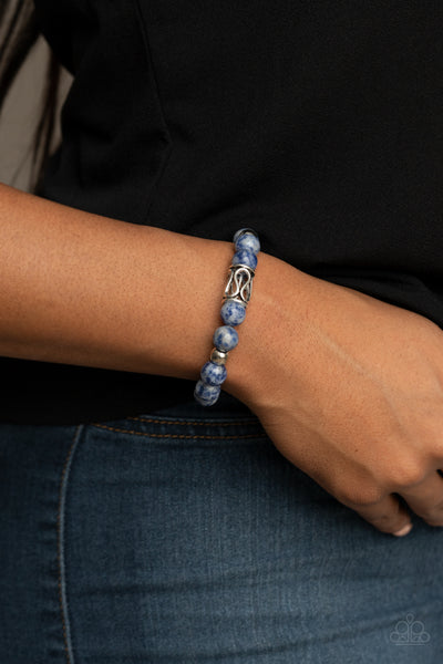 Soothes The Soul - Paparazzi - Blue Marbled Stone Silver Accent Bead Stretchy Bracelet