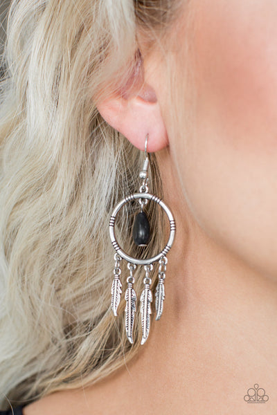 Southern Plains - Paparazzi - Black Stone Silver Feather Earrings