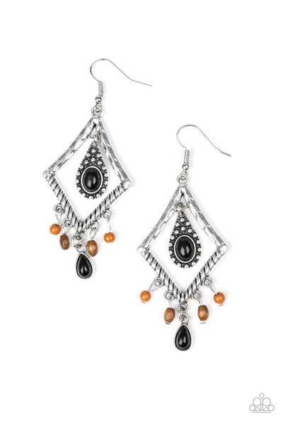 Southern Sunsets - Paparazzi - Multi Black and Wood Bead Silver Diamond Frame Earrings