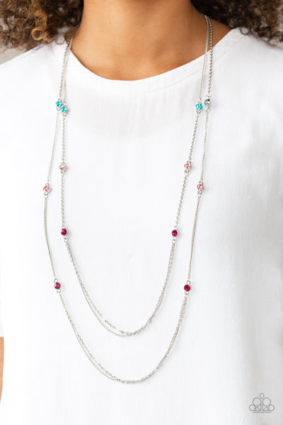 Sparkle Of The Day - Paparazzi - Multi Pink Blue Rhinestone Silver Layered Chain Necklace