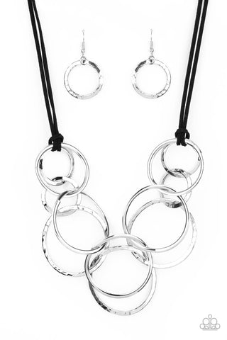 Spiraling Out of COUTURE - Paparazzi - Silver Interlocking Rings Black Suede Necklace