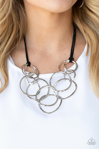 Spiraling Out of COUTURE - Paparazzi - Silver Interlocking Rings Black Suede Necklace