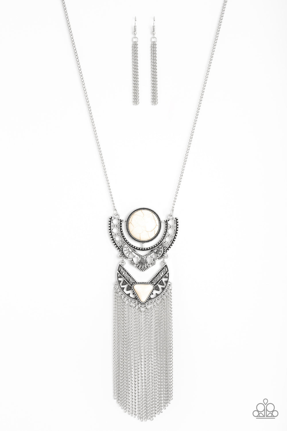 Spirit Trek - Paparazzi - White Stone Silver Tribal Frame Fringe Necklace