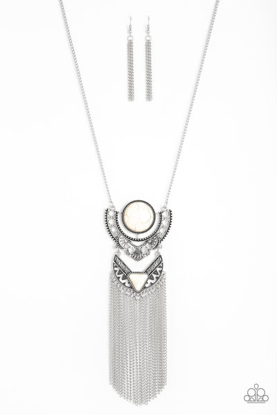 Spirit Trek - Paparazzi - White Stone Silver Tribal Frame Fringe Necklace