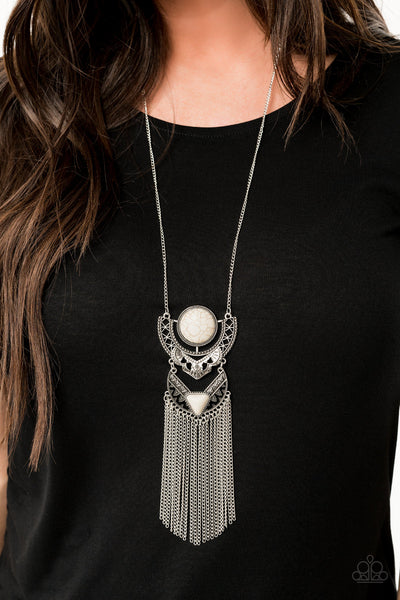 Spirit Trek - Paparazzi - White Stone Silver Tribal Frame Fringe Necklace