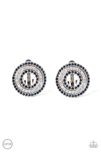 Spun Out On Shimmer - Paparazzi - Blue and White Rhinestone Circle Clip On Earrings