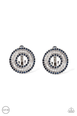 Spun Out On Shimmer - Paparazzi - Blue and White Rhinestone Circle Clip On Earrings