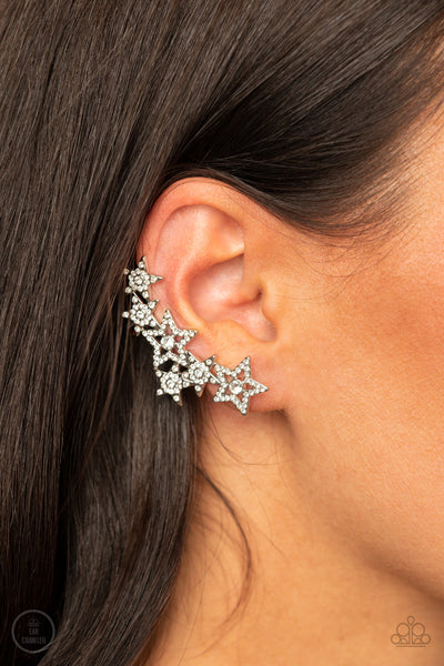 Star-Spangled Shimmer - Paparazzi - White Rhinestone Star Ear Crawler Earrings