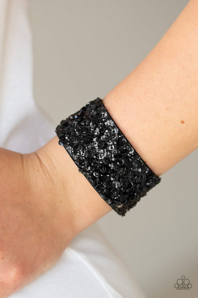 Starry Sequins - Paparazzi - Black Sequin Suede Snap Bracelet