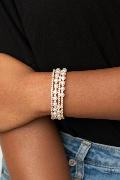 Starry Strut - Paparazzi - Gold White Pearl and Rhinestone Coil Bracelet