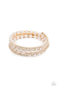 Starry Strut - Paparazzi - Gold White Pearl and Rhinestone Coil Bracelet