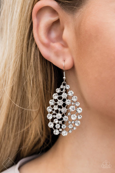 Start With A Bang - Paparazzi - White Rhinestone Floating Teardrop Earrings