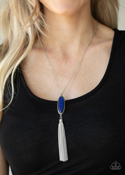 Stay Cool - Paparazzi - Blue Glitter Oval Pendant Silver Tassel Necklace