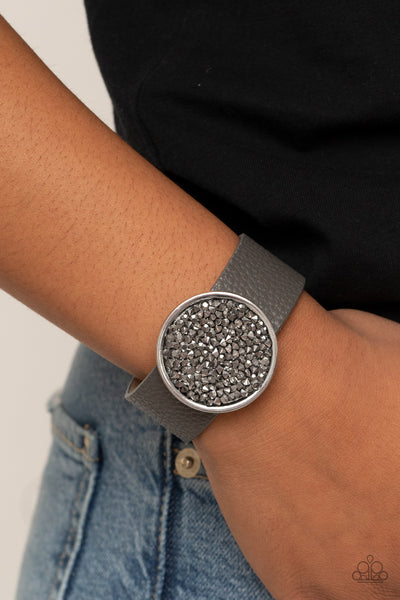 Stellar Escape - Paparazzi - Silver Hematite Rhinestone Circle Frame Gray Leather Snap Bracelet