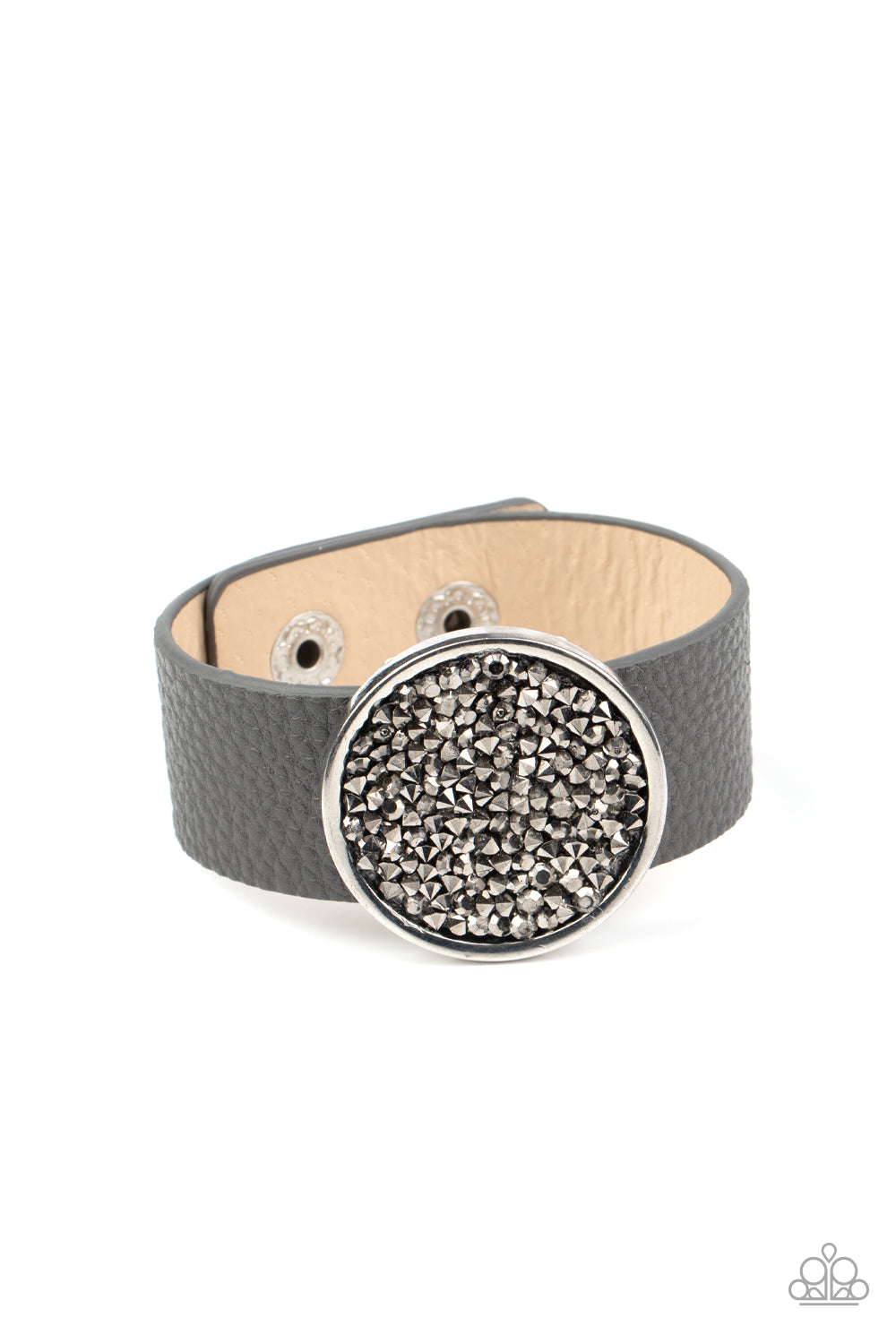 Stellar Escape - Paparazzi - Silver Hematite Rhinestone Circle Frame Gray Leather Snap Bracelet