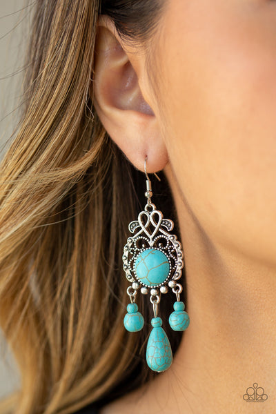 Stone Bliss - Paparazzi - Blue Turquoise Stone Fringe Silver Frame Earrings