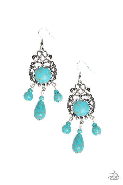 Stone Bliss - Paparazzi - Blue Turquoise Stone Fringe Silver Frame Earrings