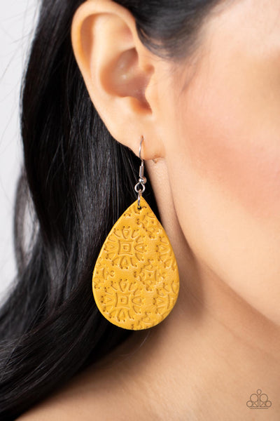 Stylishly Subtropical - Paparazzi - Yellow Leather Teardrop Earrings