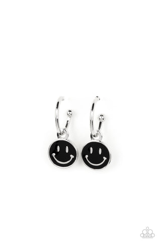 Subtle Smile - Paparazzi - Black Smiley Face Silver Small Hoop Earrings