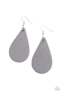 Subtropical Seasons - Paparazzi - Silver Gray Leather Floral Teardrop Earrings