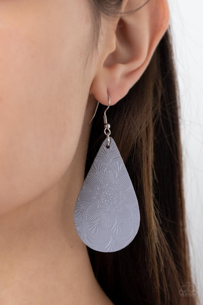 Subtropical Seasons - Paparazzi - Silver Gray Leather Floral Teardrop Earrings