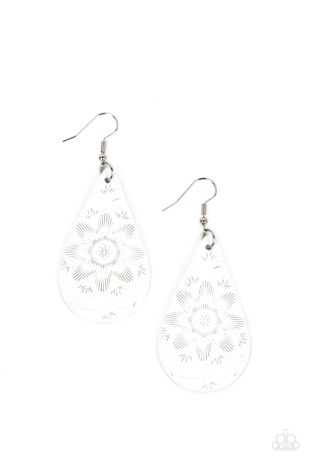 Subtropical Seasons - Paparazzi - White Floral Leather Teardrop Earrings