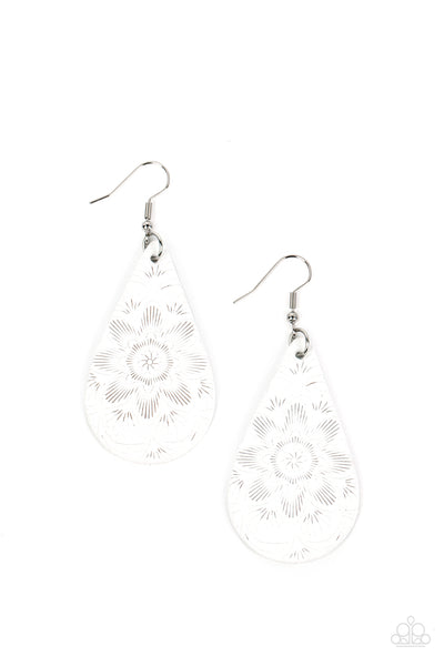 Subtropical Seasons - Paparazzi - White Floral Leather Teardrop Earrings