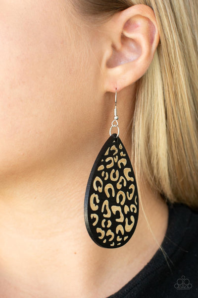 Suburban Jungle - Paparazzi - Black Wood Cheetah Teardrop Earrings