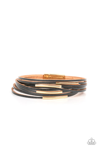 Suburban Outing - Paparazzi - Black Leather Gold Bars Magnetic Bracelet