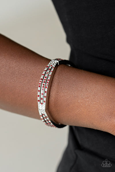 Suburban Scene - Paparazzi - Red Rhinestone Silver Studded Stretchy Bracelet