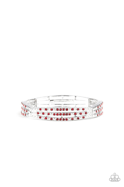 Suburban Scene - Paparazzi - Red Rhinestone Silver Studded Stretchy Bracelet