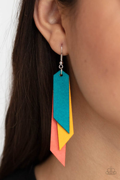 Suede Shade - Paparazzi - Multi Blue Coral and Yellow Leather Layered Earrings