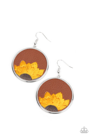 Sun-Kissed Sunflowers - Paparazzi - Brown Leather Yellow Sunflower Thread Earrings